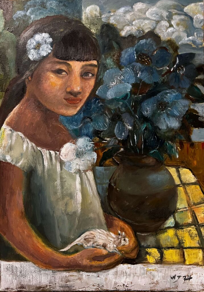 A painting with the motifs of a girl, a lite pet, flowers in a vase.