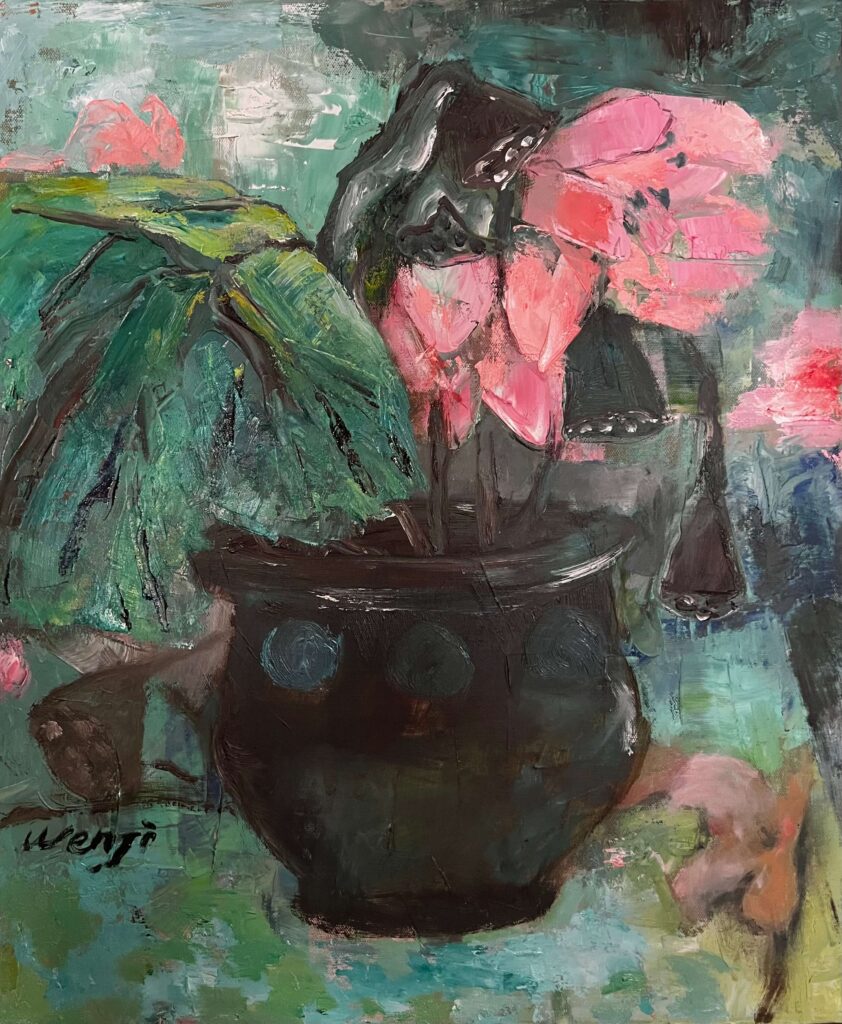 Oil painting lotus in a vase