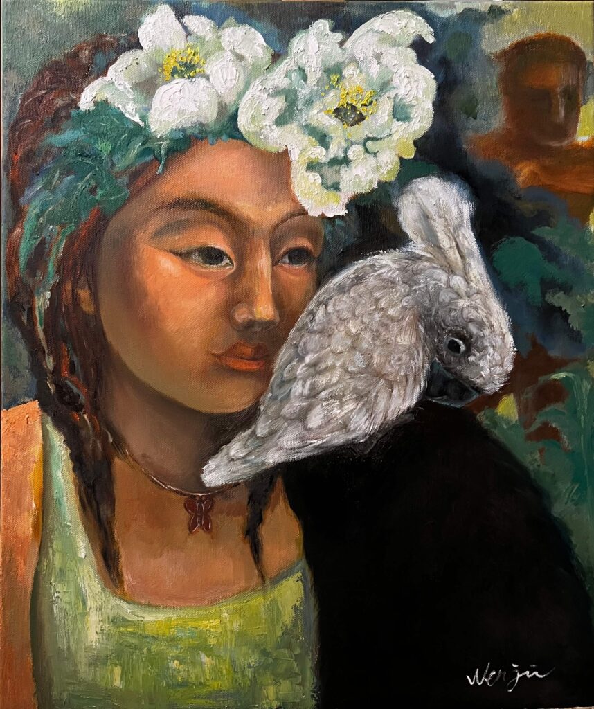 An painting with motifs of a girl, a cockatoo and flowers